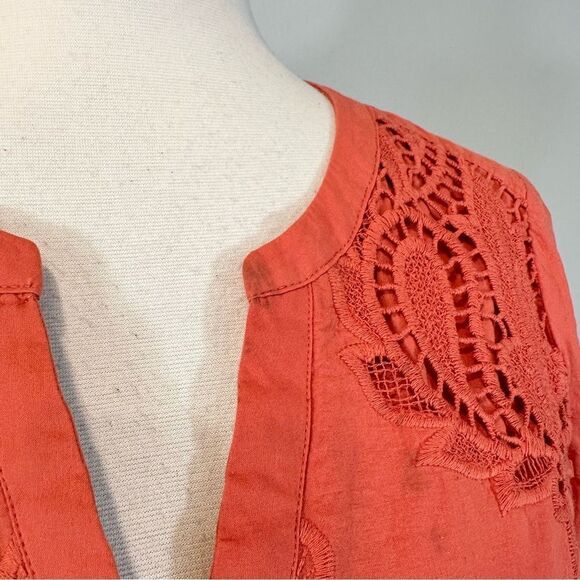 Chico’s Orange Button Up Shirt Lace Accent Bell Sleeve Size 0 US Size 4/6 - Picture 3 of 13